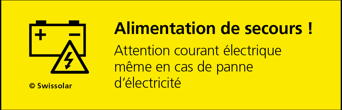 Autocollant jaune «Alimentation de secours ! Attention courant électrique même en cas de panne d‘électricité»