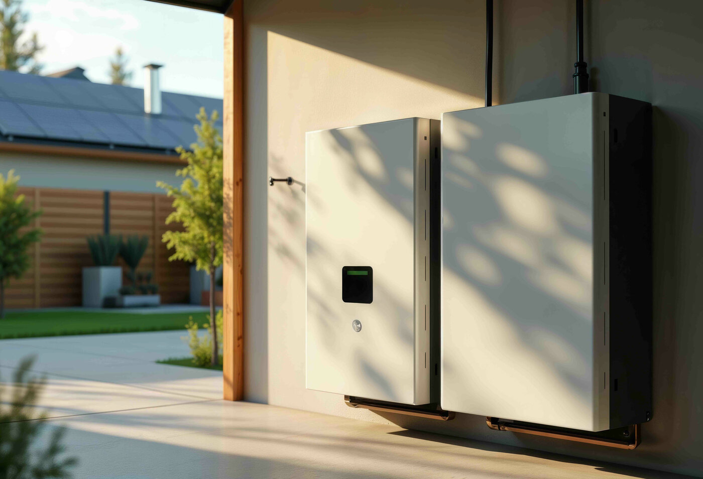 Home battery storage | © AdobeStock generiert mit KI Home battery storage indoors. Residential energy storage system installed inside a garage or utility room in a house. | © AdobeStock generiert mit KI