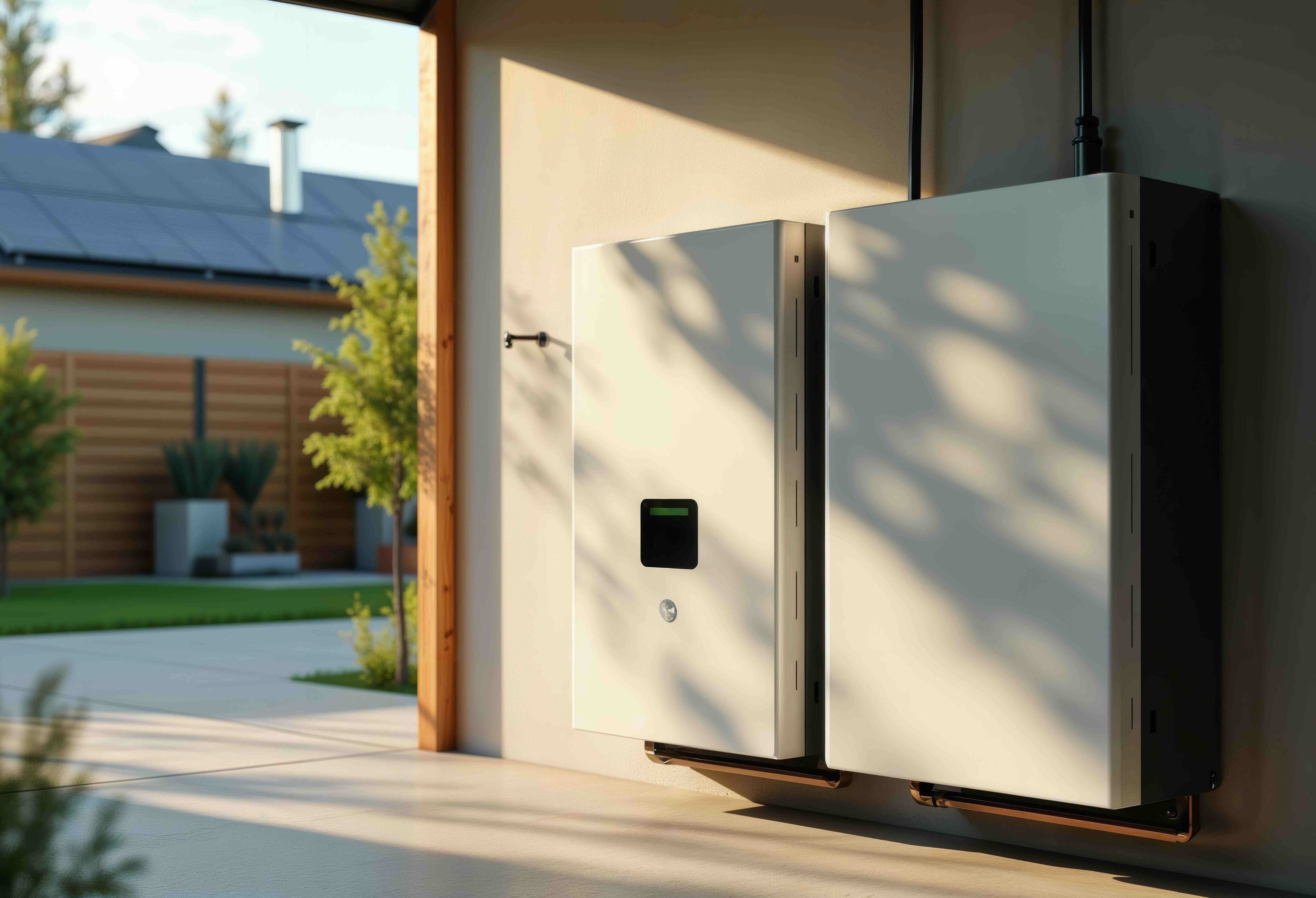 Home battery storage indoors. Residential energy storage system installed inside a garage or utility room in a house. | © AdobeStock generiert mit KI