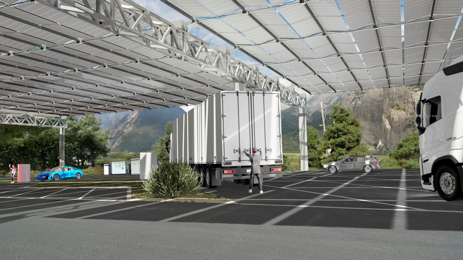 Visualisierung Autobahn-Rastplatz: LKW unter Solarfaltdach | © dhp technology